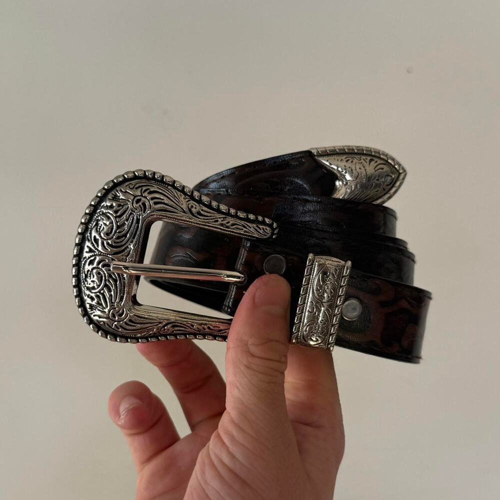 y2k brown leather and silver western cowboy boho belt - Picture 4 of 9
